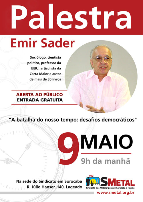 Emir Sader vem a Sorocaba dia 9 para falar sobre democracia na atualidade