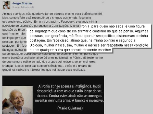 Jorge Marum publicou nessa quinta-feira, dia 29, um esclarecimento público em sua página no Facebook