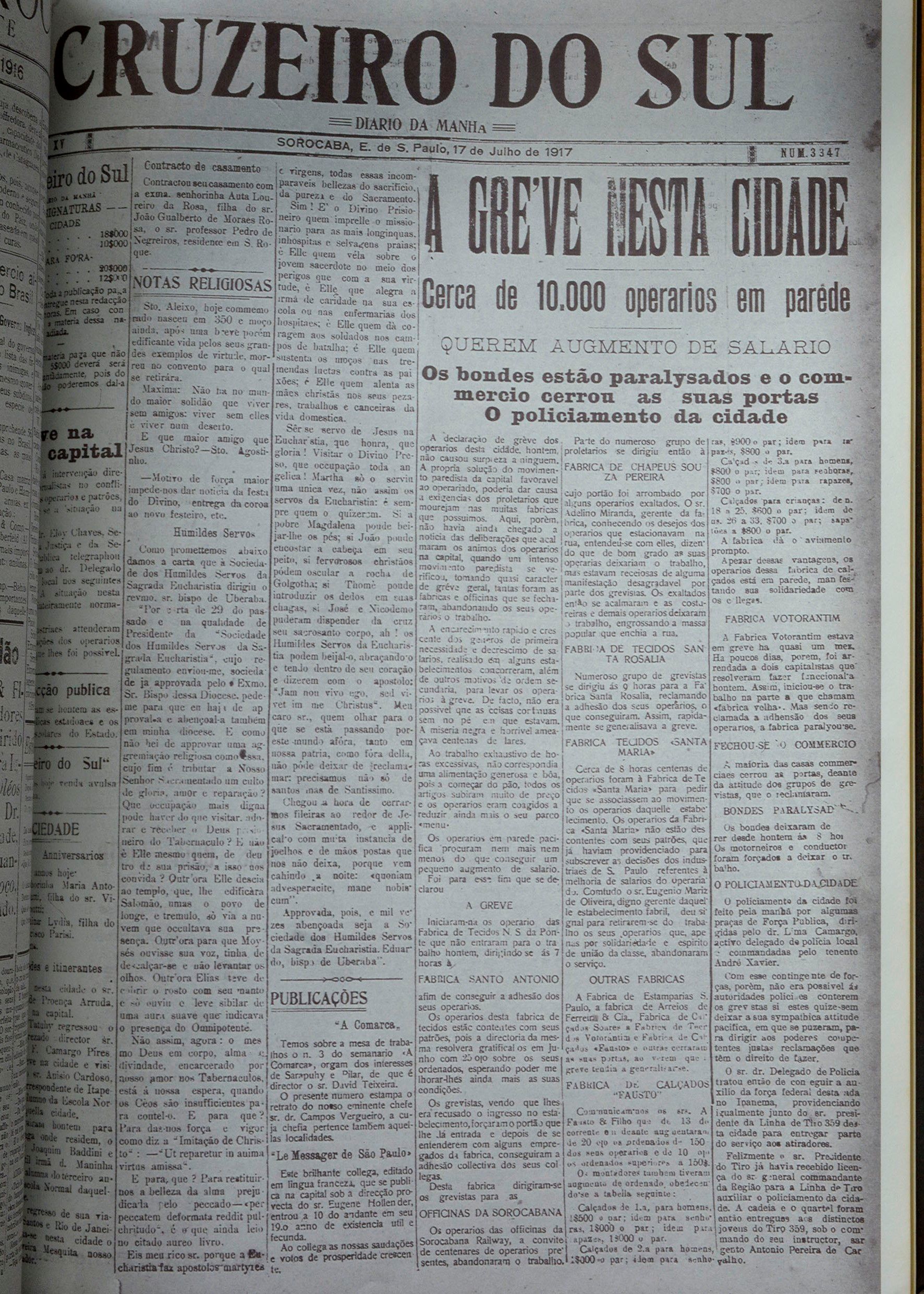 Capa do jornal Cruzeiro do Sul, de 17 de julho de 1917, aborda a greve geral dos operários em Sorocaba