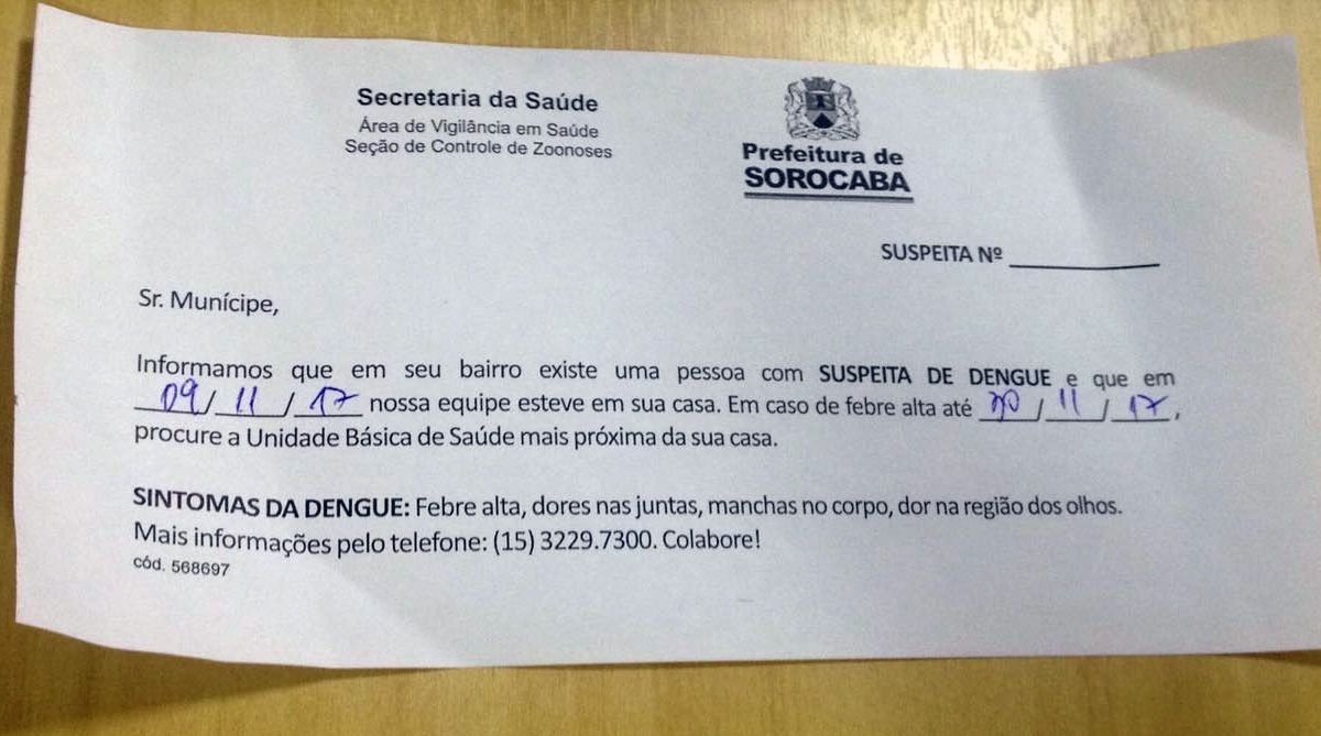 Um caso de dengue foi diagnosticado na região dos bairros Lageado/Jardim Faculdade