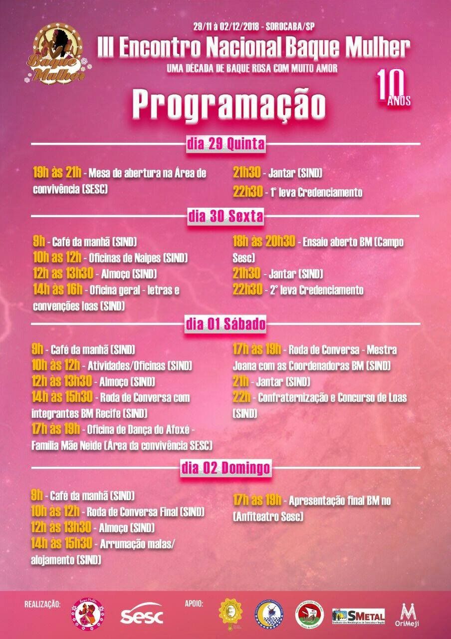 Programação do 3º Encontro Nacional do Baque Mulher