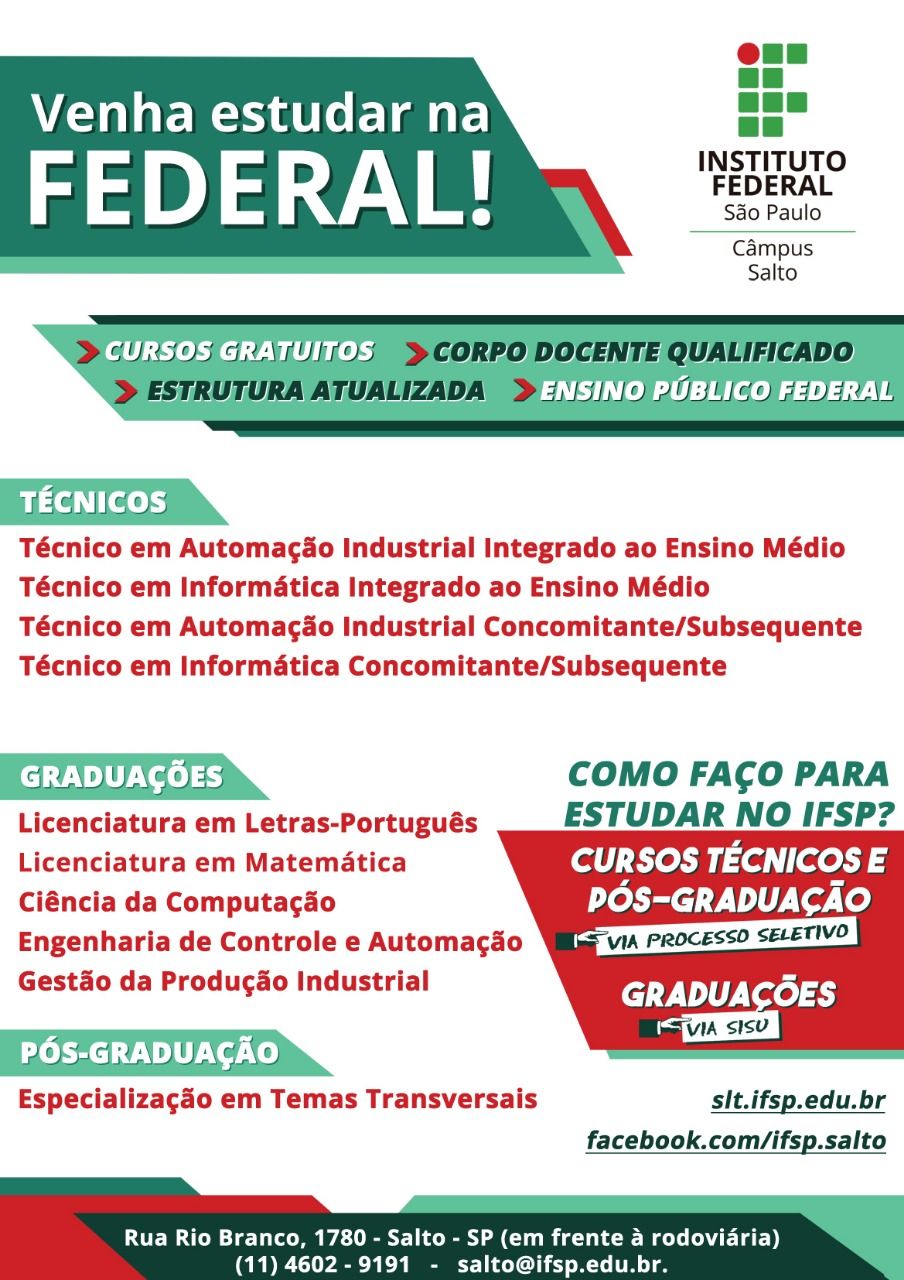 Os campus de Sorocaba e Salto do Instituto Federal de São Paulo estão com inscrições abertas