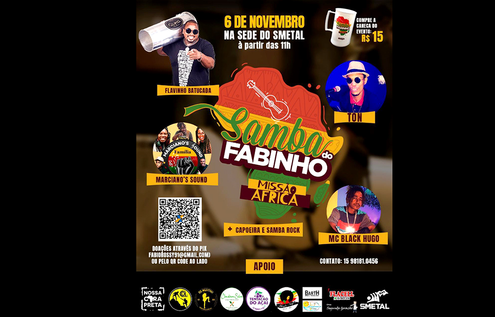 A atividade contará com apresentações musicais com o quinteto Família Marciano's Sound, Flavinho Batucada, MC Black Hugo e Ton Dutra
